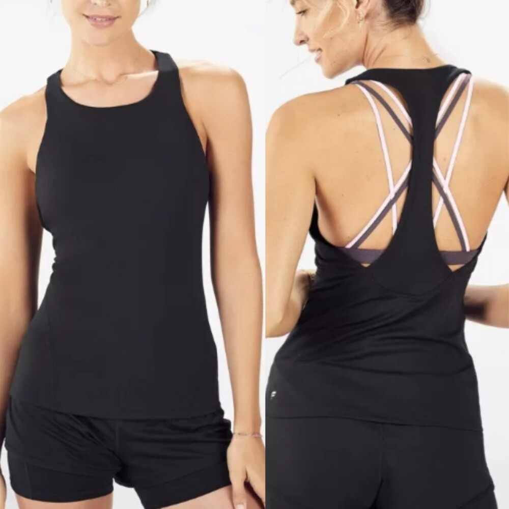 Fabletics Kessler Built-In Bra Tank Double Back Strap Black Purple Active